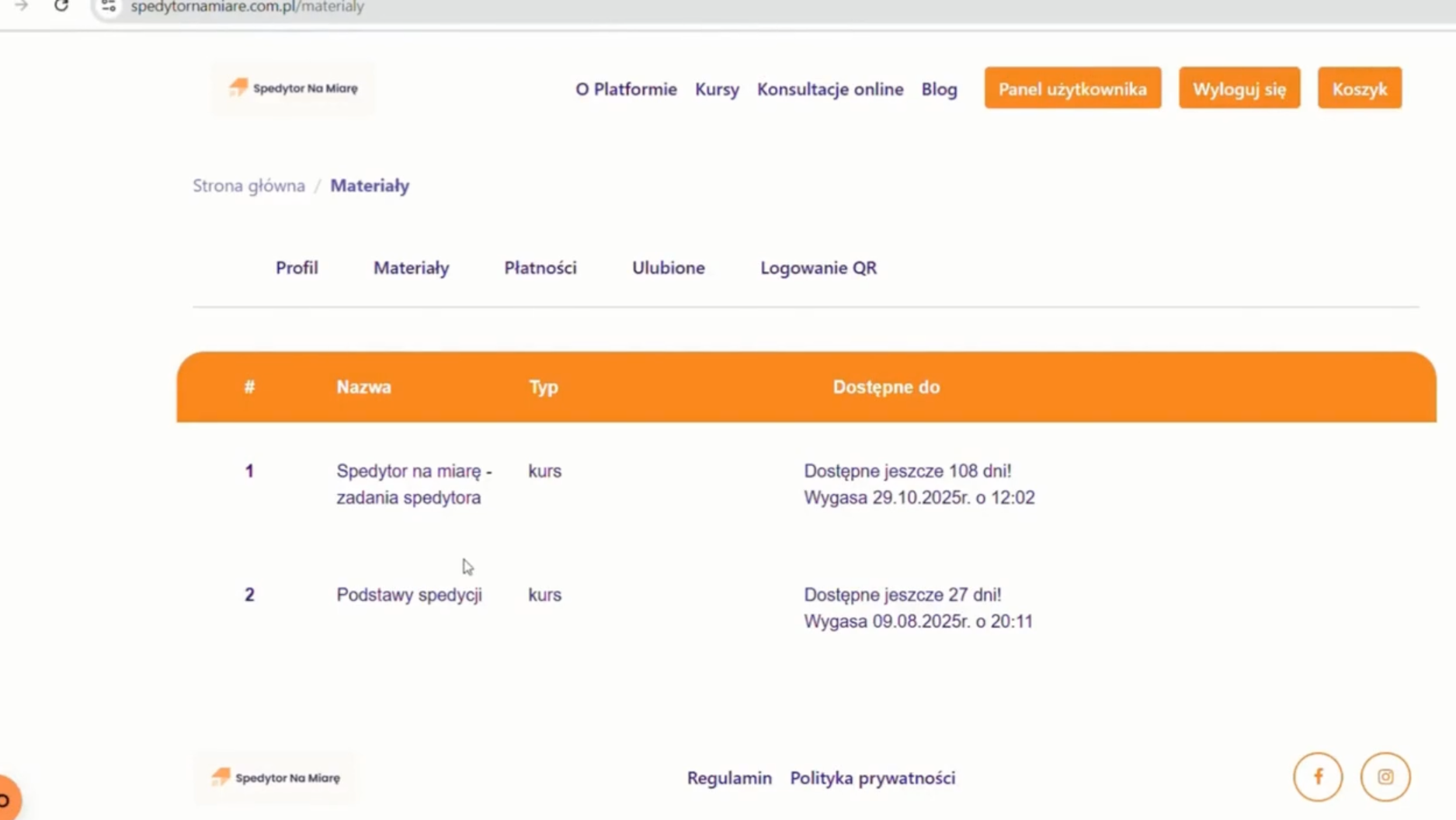 Panel użytkownika platformy Spedytor na Miarę