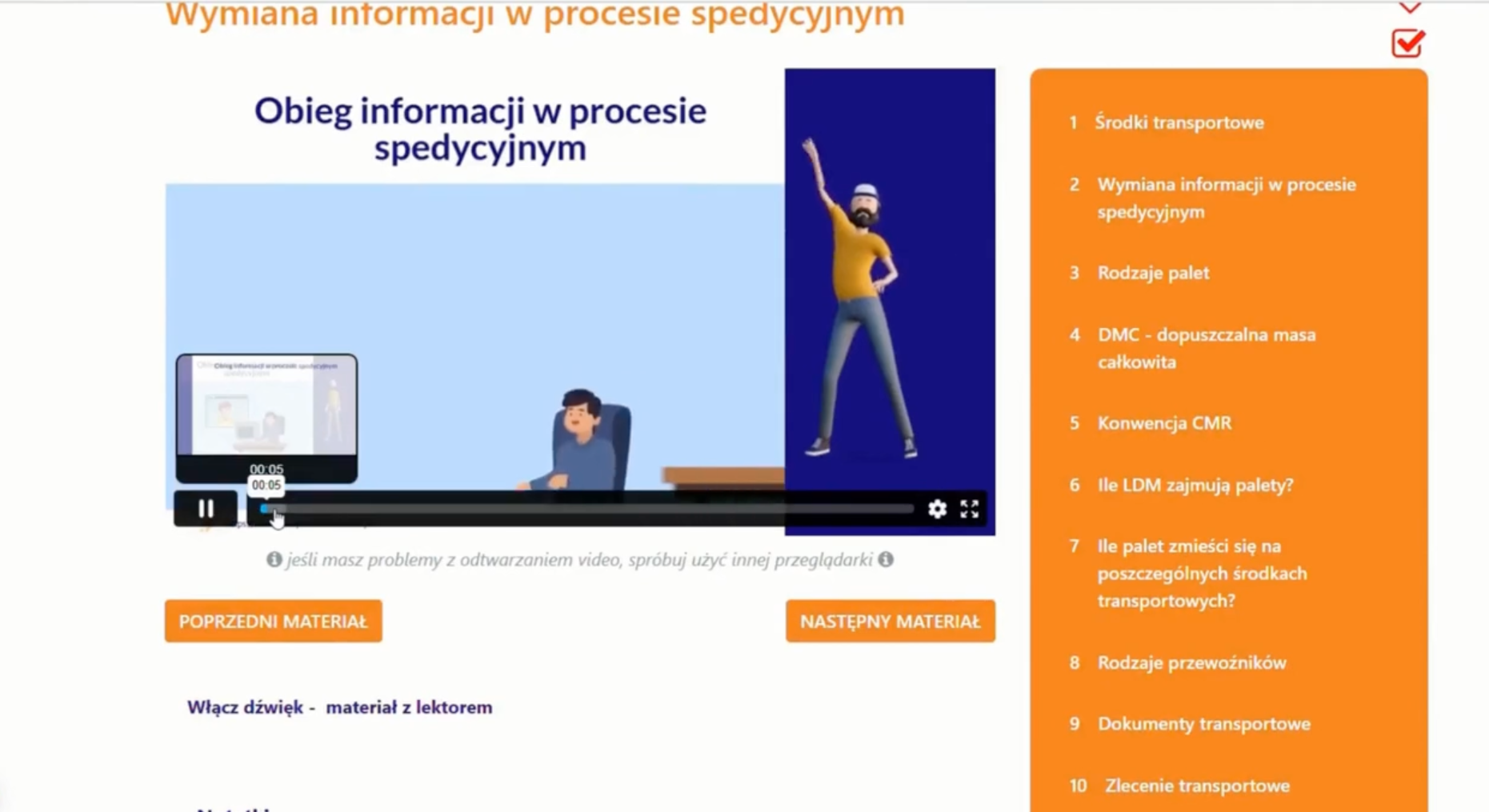 Widok lekcji na platformie Spedytor na Miarę